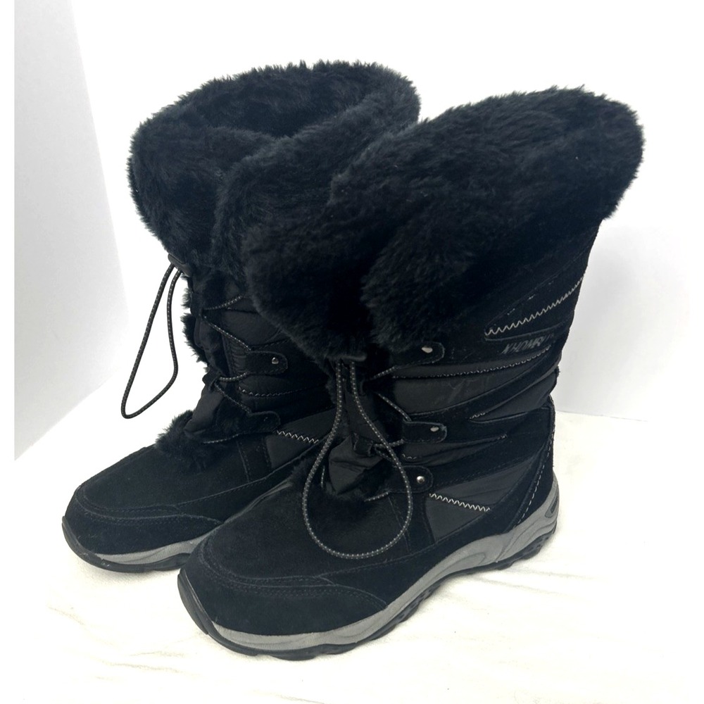 Khombu Black Suede Leather Boots Women's Size 9 Faux Fur Lace-Up Winter